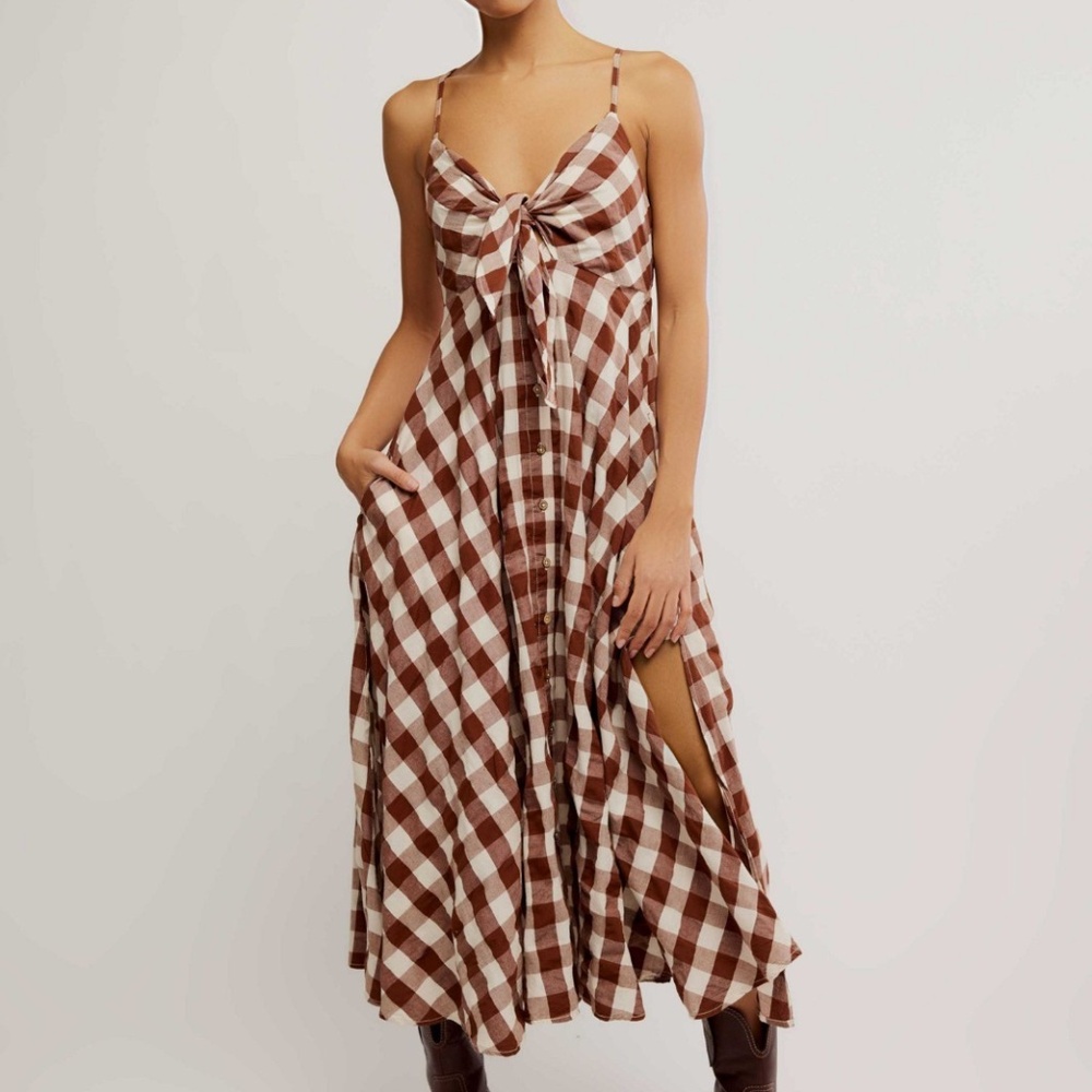 Free People Via Midi Dress M 8 Women's Gingham Brown Cotton Sleeveless
